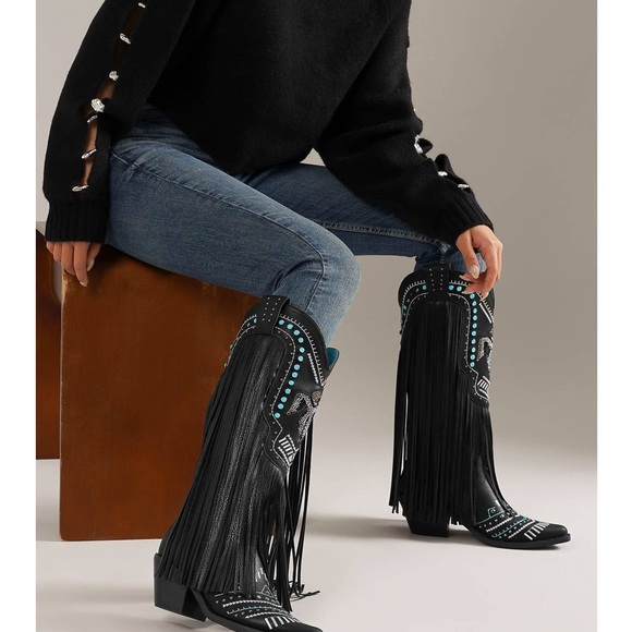 BEAST Black & Turquoise Studs Rhinestones Fringe Embellished Western Boot - Picture 1 of 9
